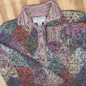 Vintage South Cotton Hand Knit Diamond Tweed Boho Cottagecore Cardigan Medium